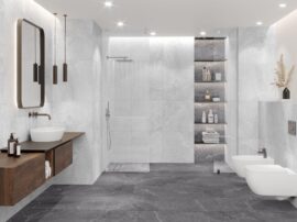 łazienka w kolorach bieli i szarości z drewnianymi dodatkami.